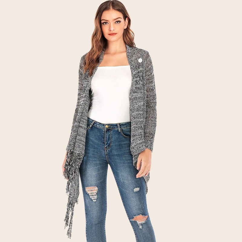 

Space Dye Fringe Trim Cardigan, Grey