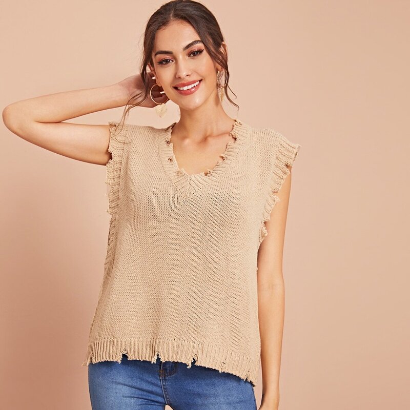 

V-neck Ripped Solid Knit Top, Khaki