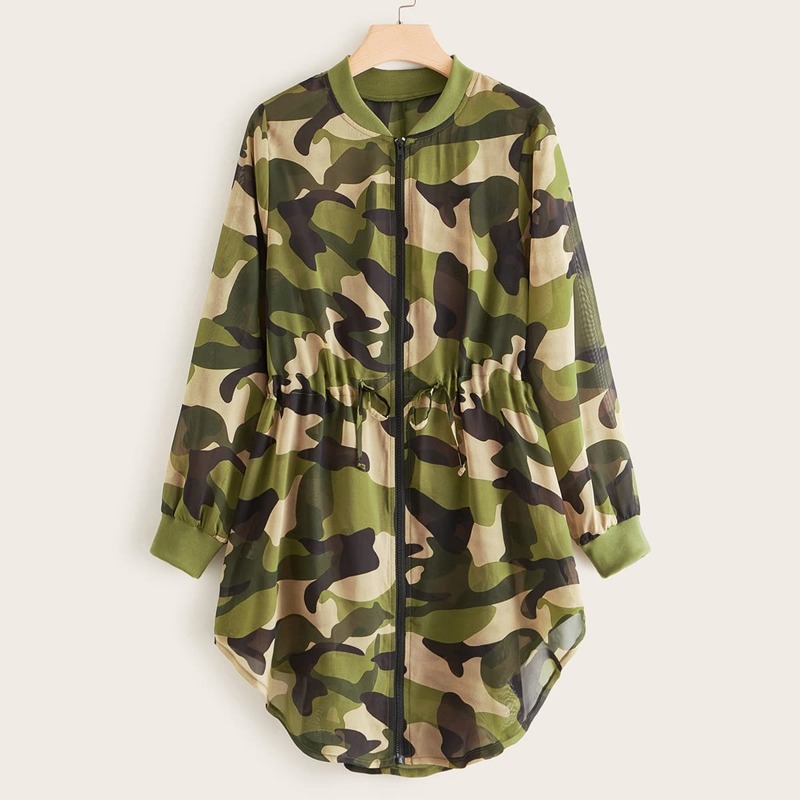 

Plus Camo Print Zip Front Drawstring Waist Jacket, Multicolor