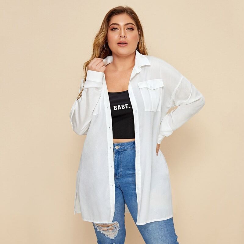 

Plus Size Solid Button Front Flap Pocket Blouse, White