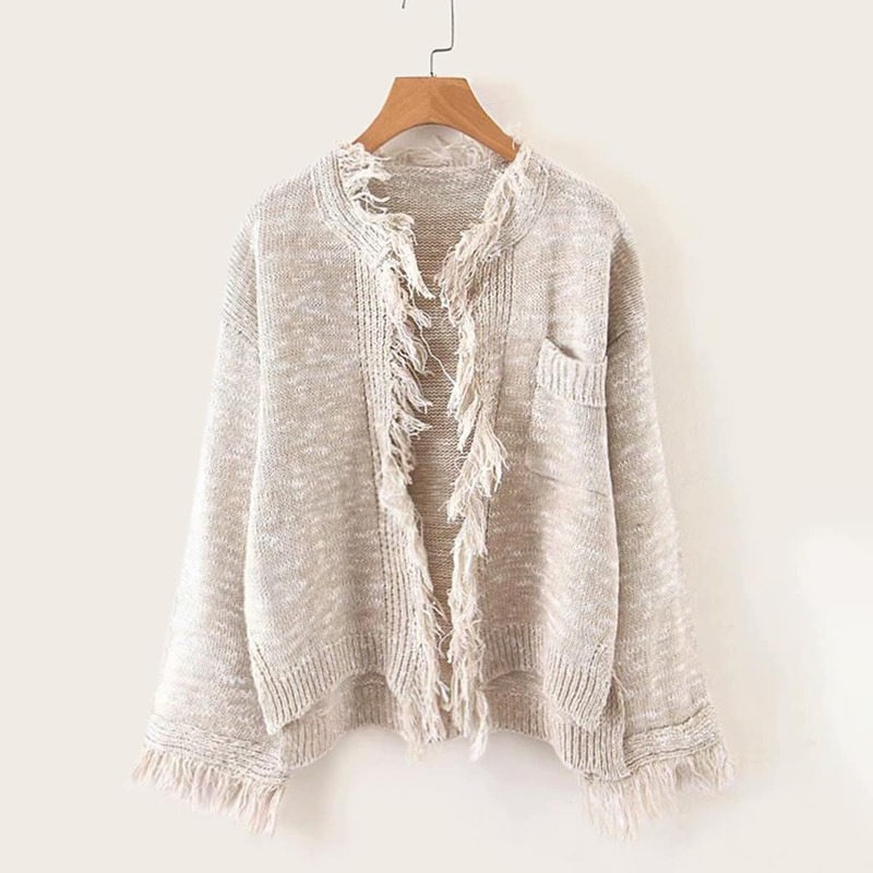 

Frayed Trim Patched Pocket High Low Hem Cardigan, Beige