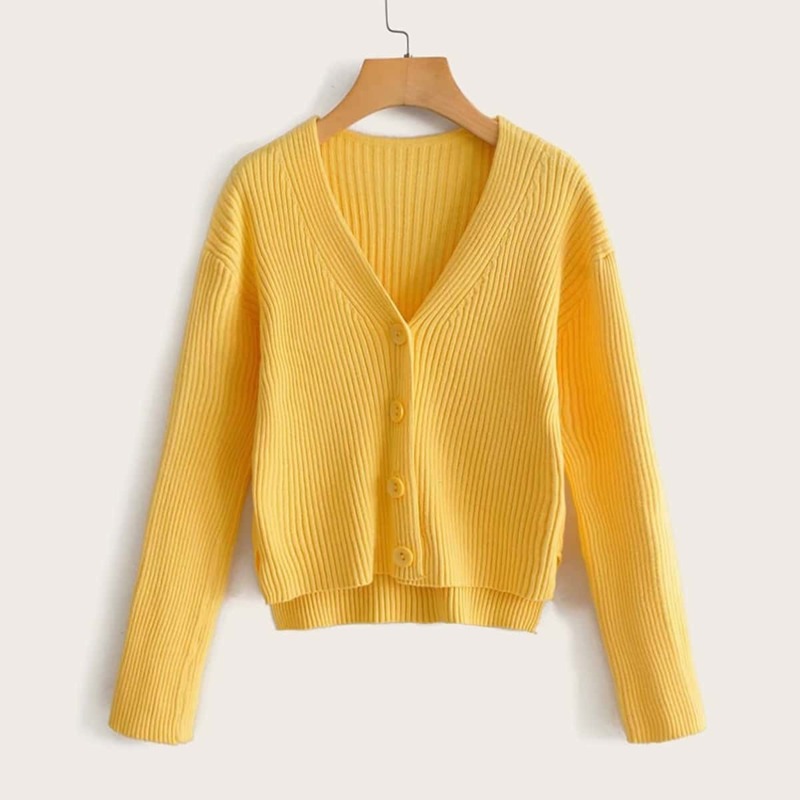 

Button Front High Low Hem Cardigan, Yellow