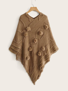 Solid Braided Fringe Pom Pom Poncho