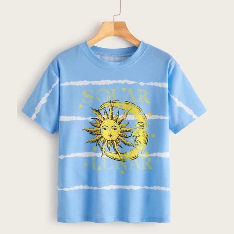

Drop Shoulder Letter And Cartoon Print Tee, Blue