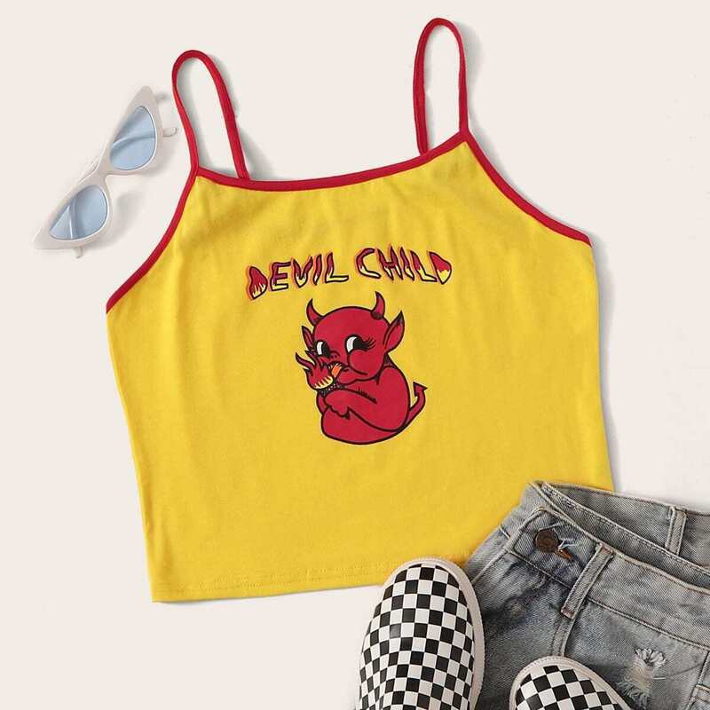 

Contrast Binding Cartoon Graphic Cami Top, Yellow
