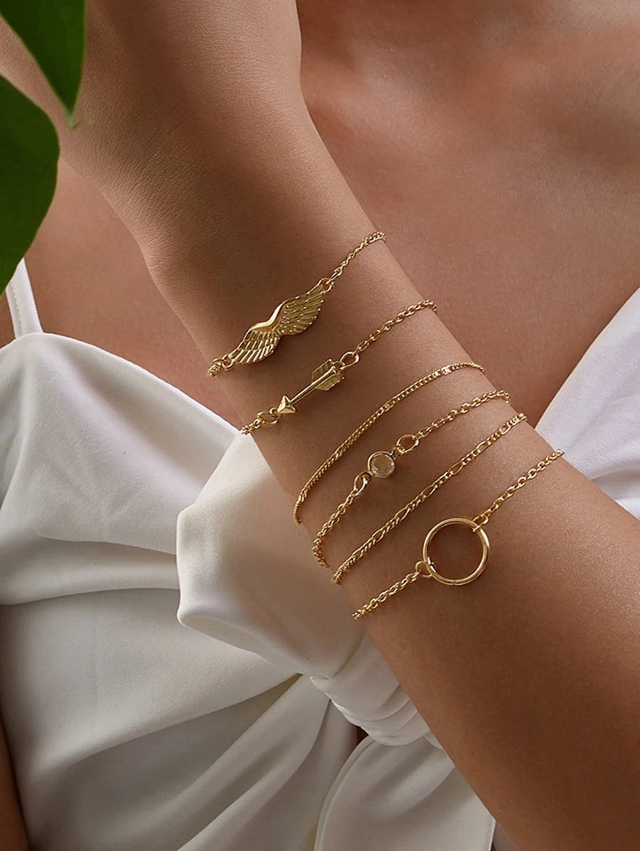 Wing & Arrow Decor Chain Bracelet 6pcs - Yellow Gold - View 1