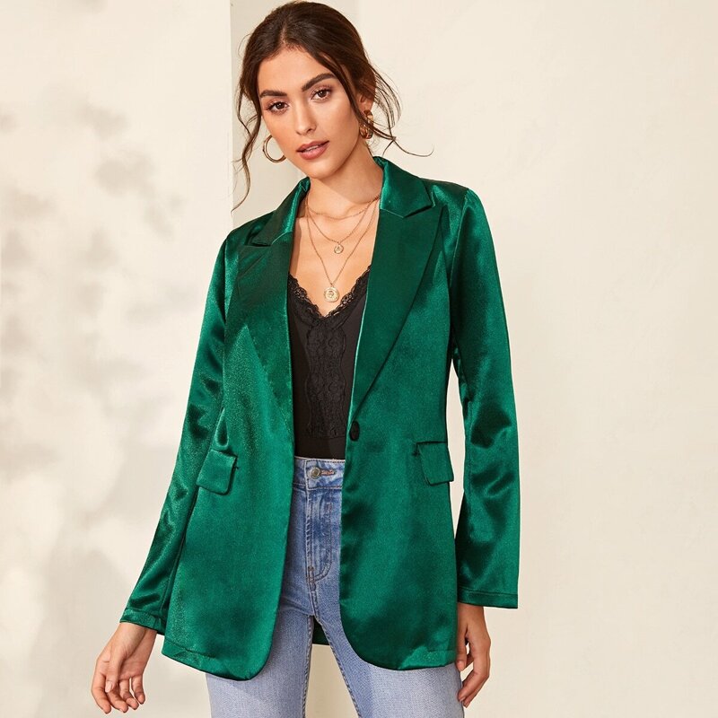 

Solid Notched Collar Satin Blazer, Green