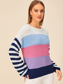 Color-block Striped Drop Shoulder Jumper
