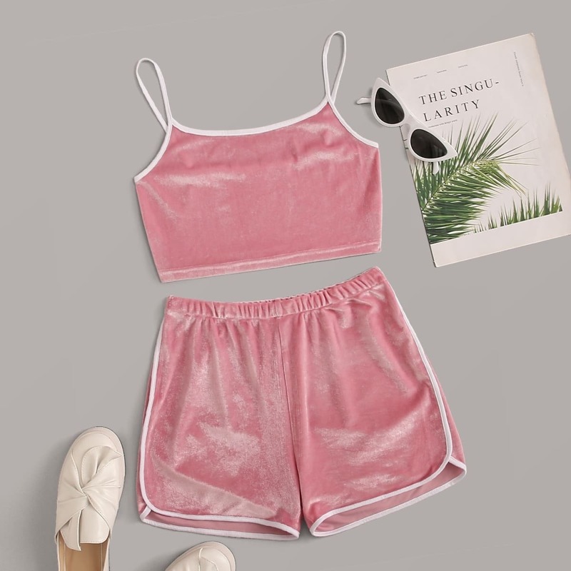 

Contrast Binding Velvet Cami Top & Track Shorts, Pink