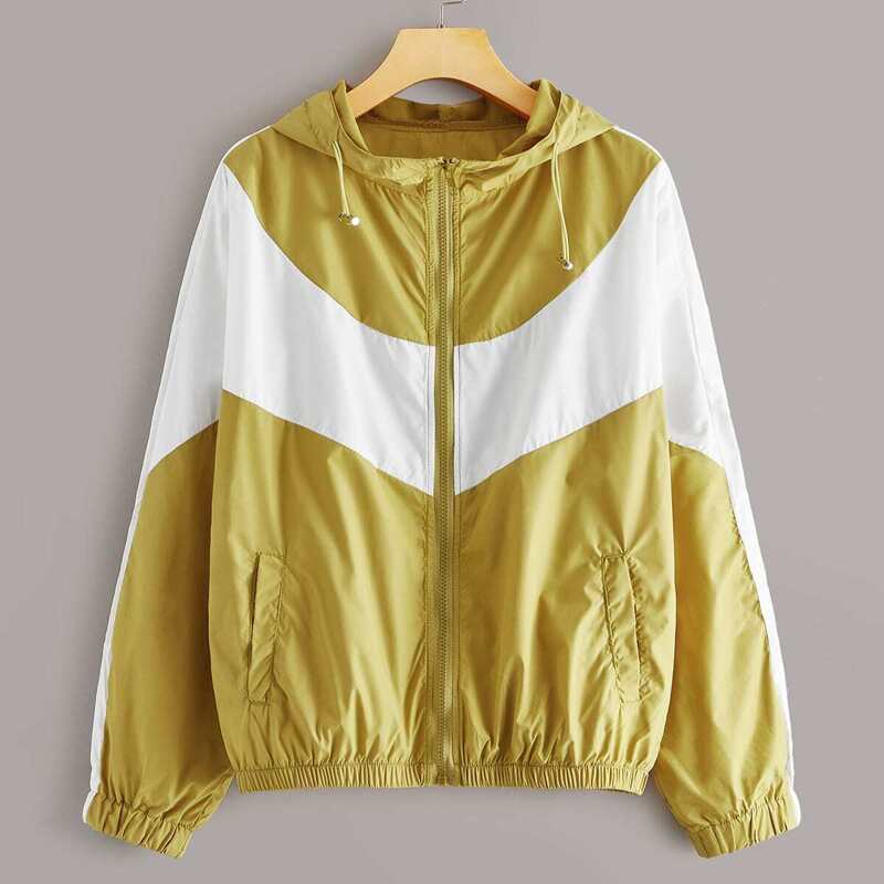 

Contrast Panel Drawstring Windbreak Hooded Jacket, Multicolor