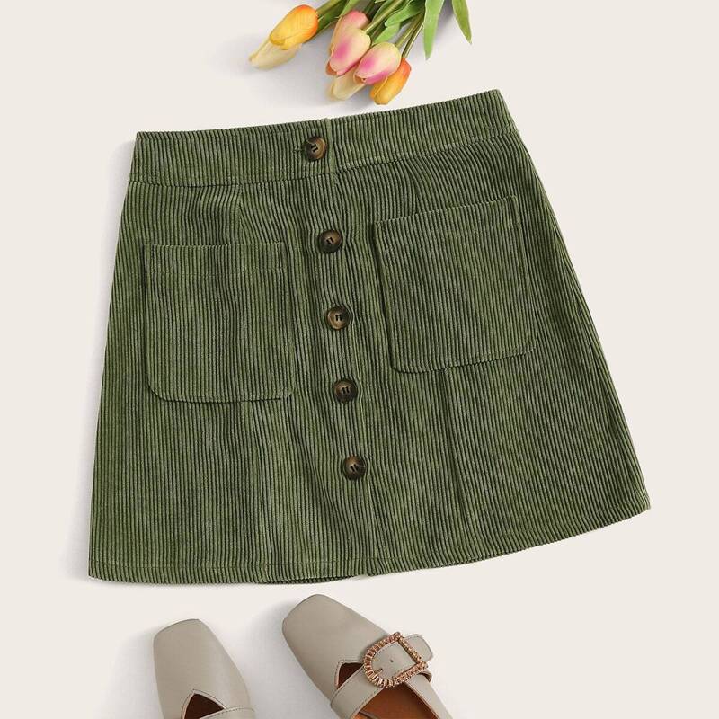 

Dual Pocket Button Up Corduroy Skirt, Army green