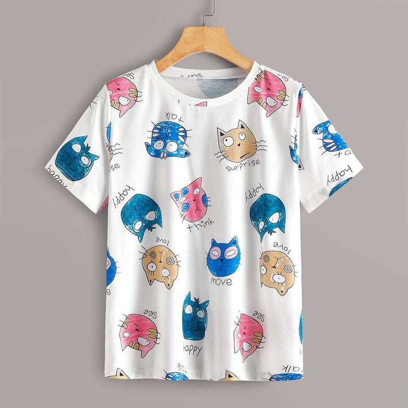 

Letter & Cat Print Tee, Multicolor