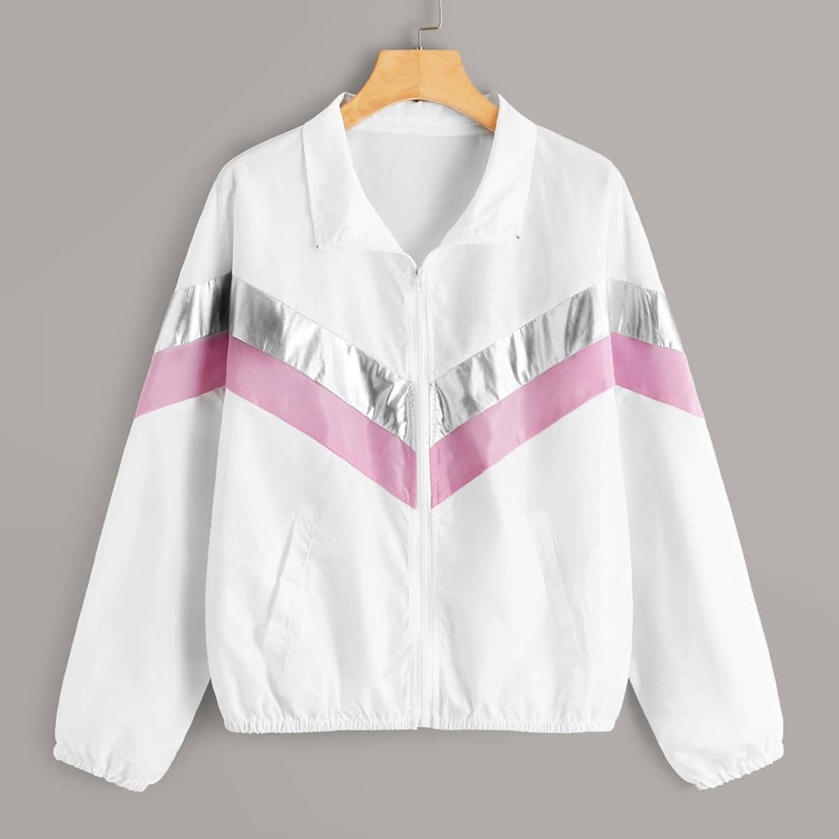 

Chevron Color-block Zip Up Windbreaker Jacket, White