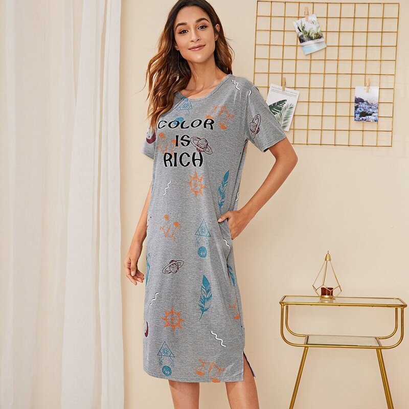 

Galaxy & Letter Print Night Dress, Grey