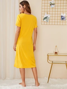 Eyelash & Slogan Graphic Night Dress - Mustard Yellow - View 2