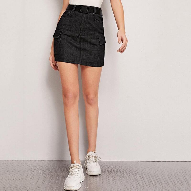 

Pocket Detail Denim Skirt With Push Buckle Belt, Black