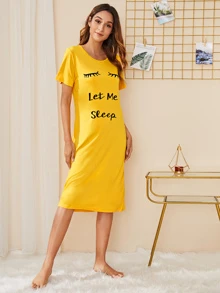 Eyelash & Slogan Graphic Night Dress - Mustard Yellow - View 4