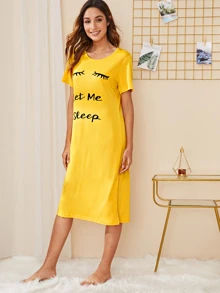 Eyelash & Slogan Graphic Night Dress - Mustard Yellow - View 5