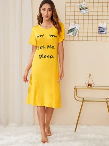 Eyelash & Slogan Graphic Night Dress - Mustard Yellow - View 1