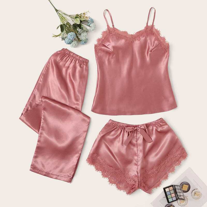 

Eyelash Lace Satin Cami With Shorts & Pants, Pink
