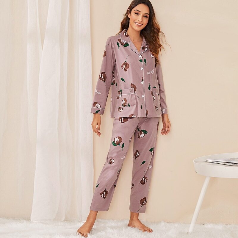 

Floral Print Button-up Pajama Set, Pink