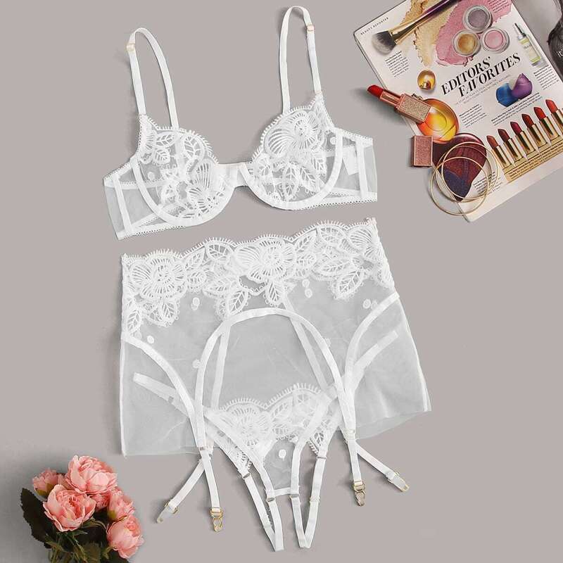 

Floral Lace Garter Sheer Lingerie Set, White