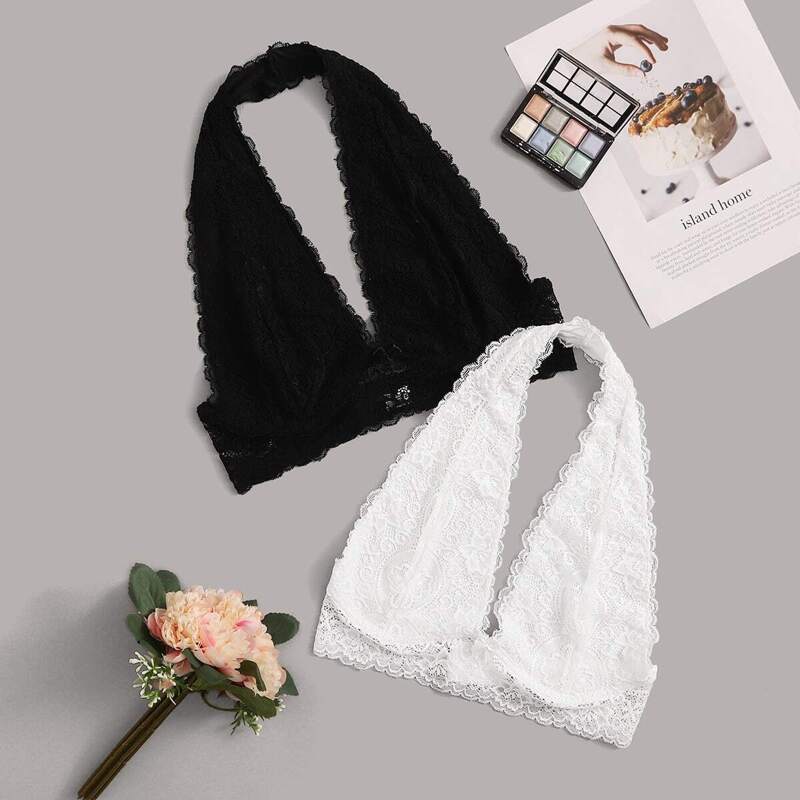 

Floral Lace Halter Bra Set 2pack, Black and white
