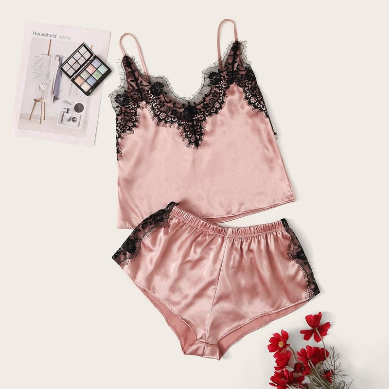 

Eyelash Lace Satin Cami With Shorts, Pink