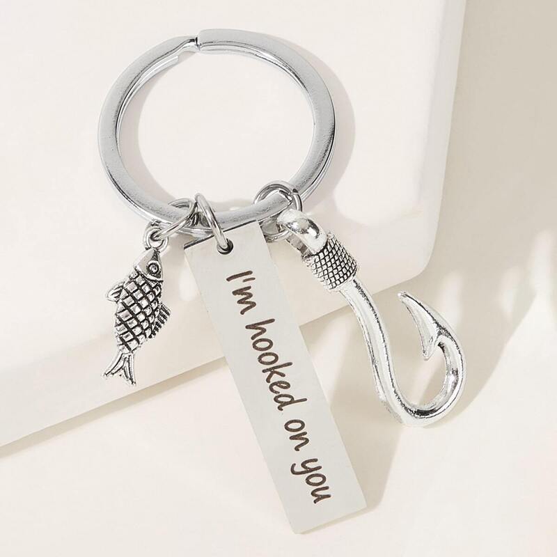 

Fish & Letter Engraved Charm Keychain, Silver