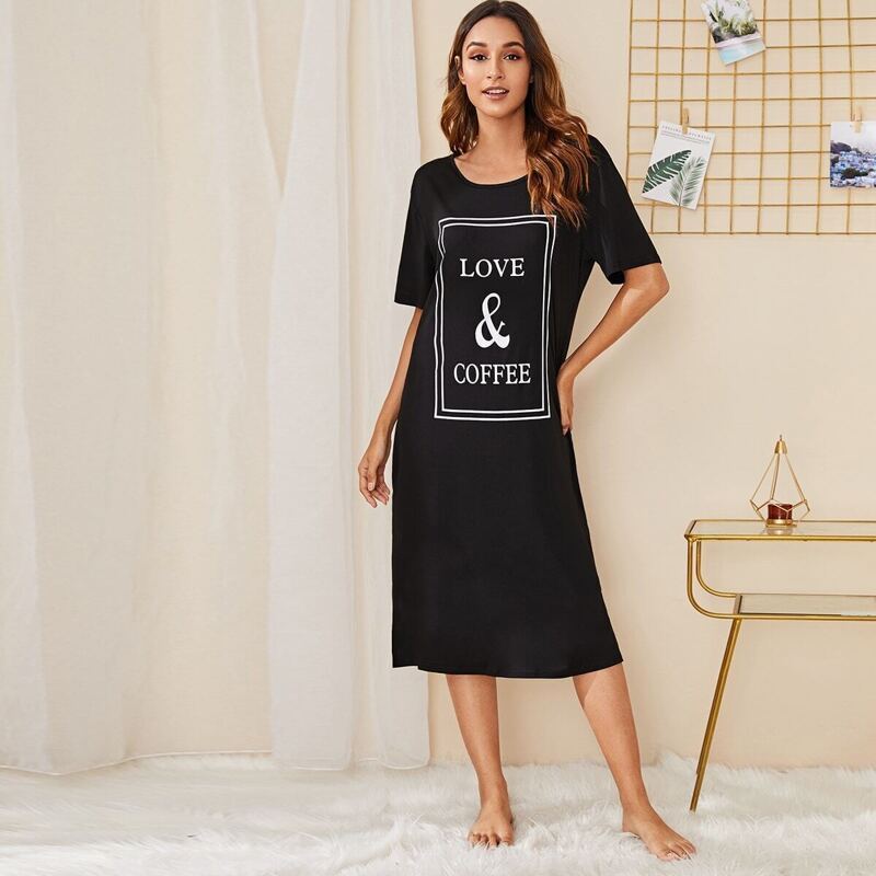 

Letter Print Night Dress, Black