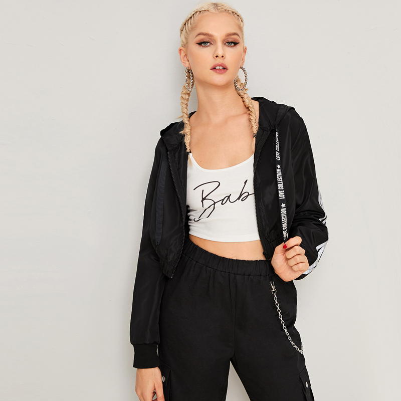 

Letter Print Drawstring Striped Side Hooded Jacket, Black