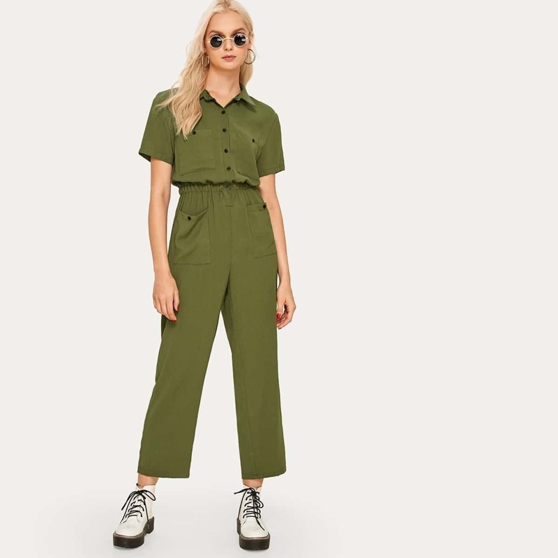

Button Front Pocket Detail Jumpsuit, Army green