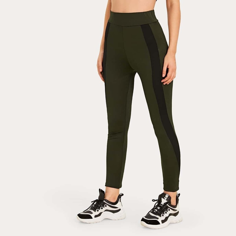 

Contrast Panel High Waist Skinny Leggings, Army green