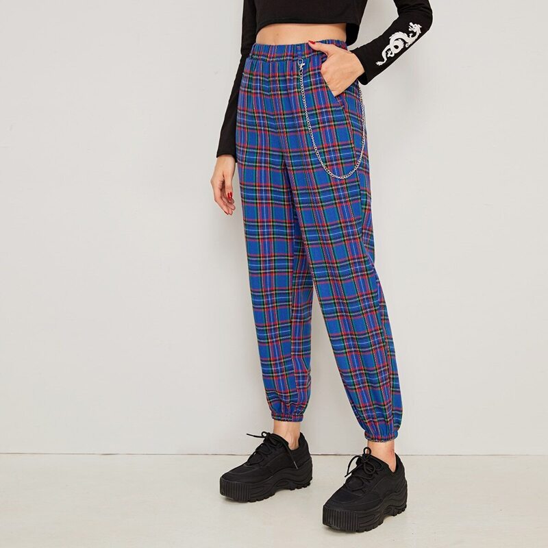 

Plaid Pocket Side Chain Detail Pants, Multicolor