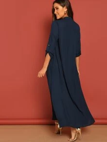 SHEIN 卷边袖前扣连衣裙 - 藏蓝色 - 查看 2