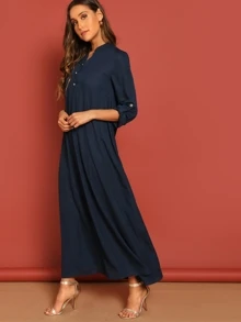 SHEIN 卷边袖前扣连衣裙 - 藏蓝色 - 查看 3