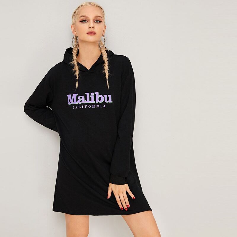 

Letter Print Hooded Sweatshirt Dress, Black