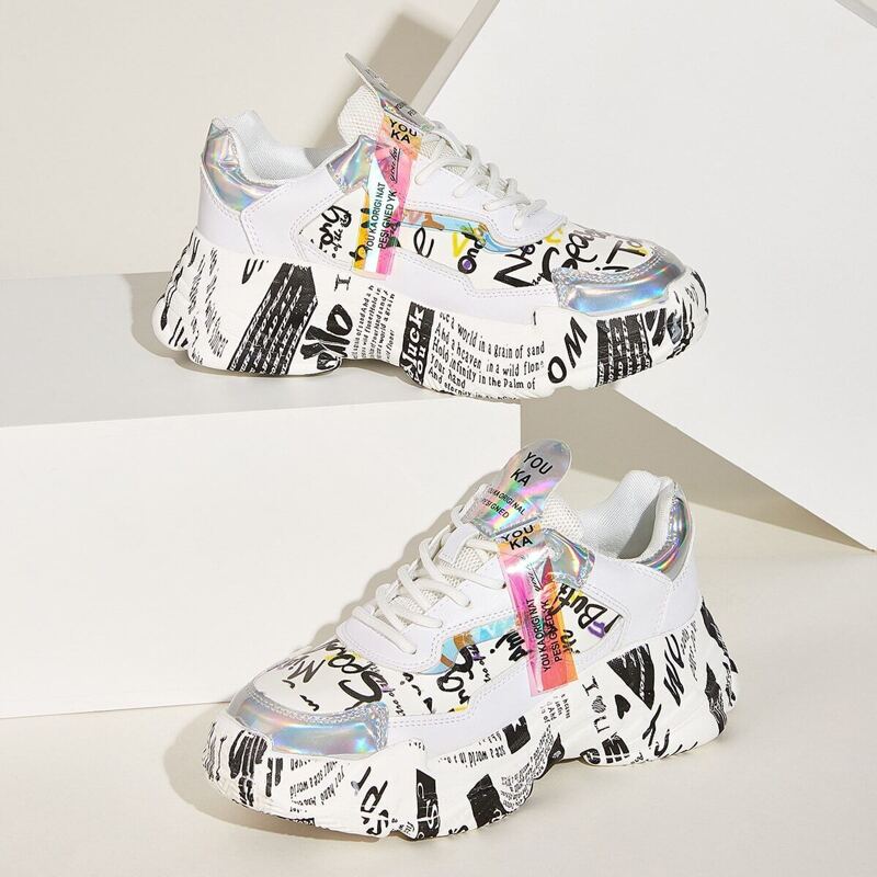 

Slogan Detail Iridescent Lace-up Chunky Sneakers, Multicolor