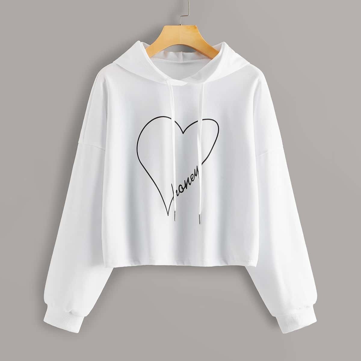 

Heart & Letter Print Drawstring Hoodie, White
