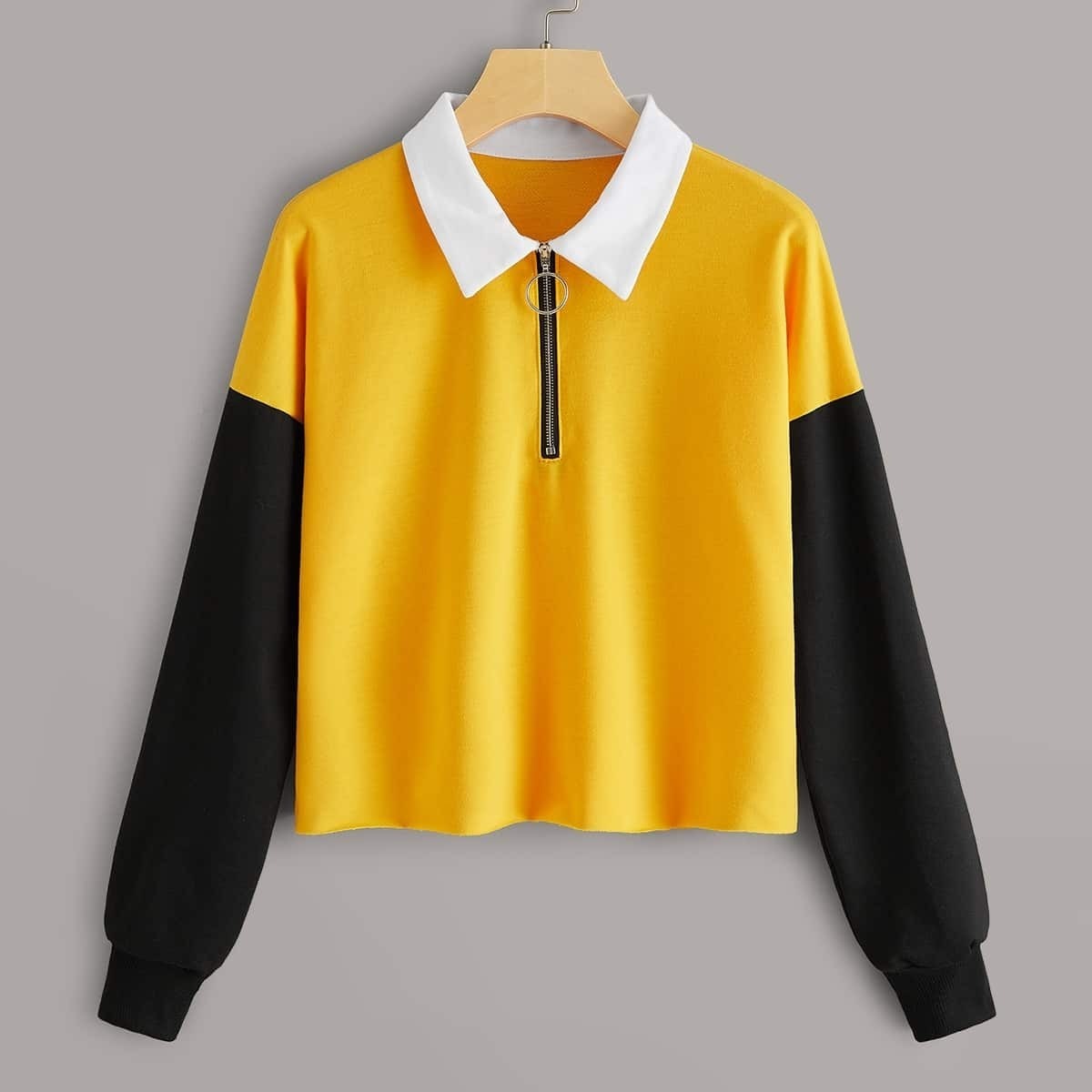 

O-ring Zip Half Placket Contrast Panel Sweatshirt, Yellow