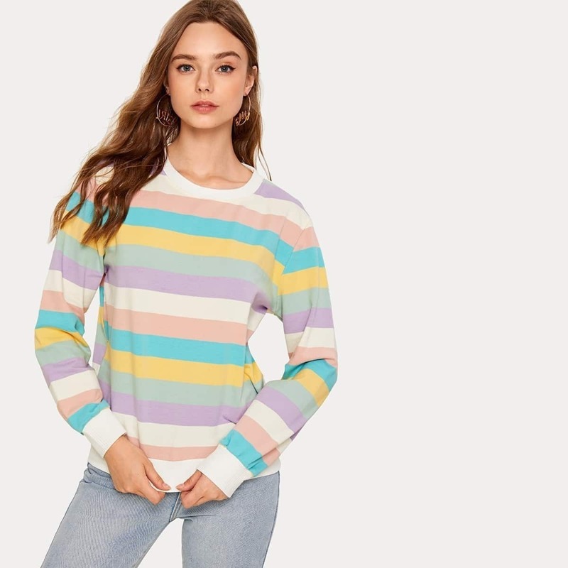 

Rainbow Striped Round Neck Sweatshirt, Multicolor