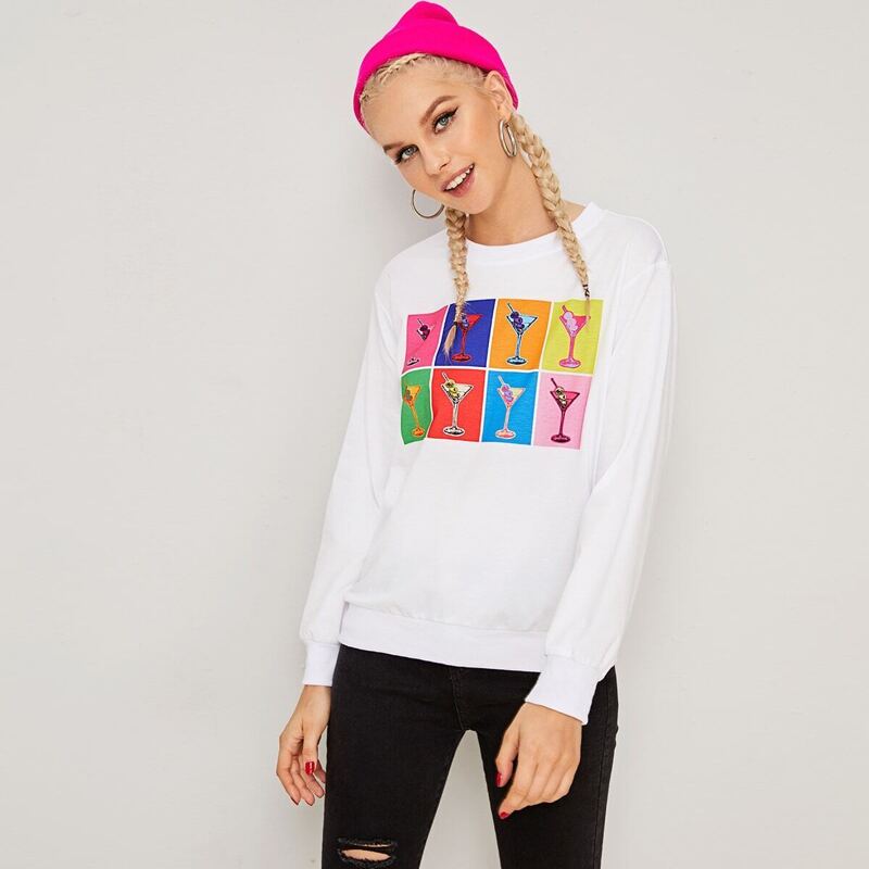

Colorful Drink Print Round Neck Tee, White