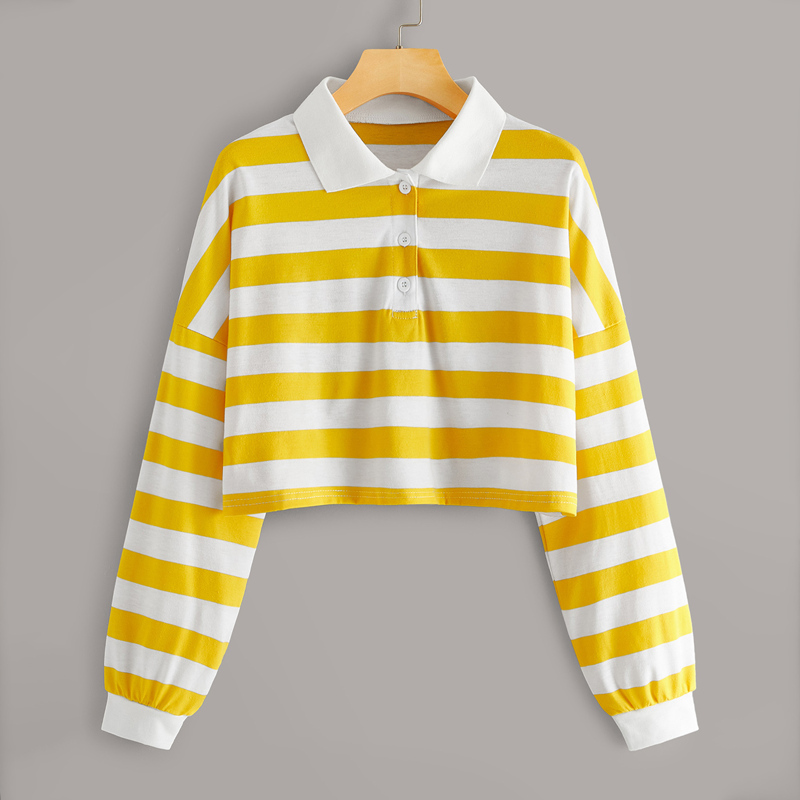 

Button Front Striped Crop Tee, Yellow