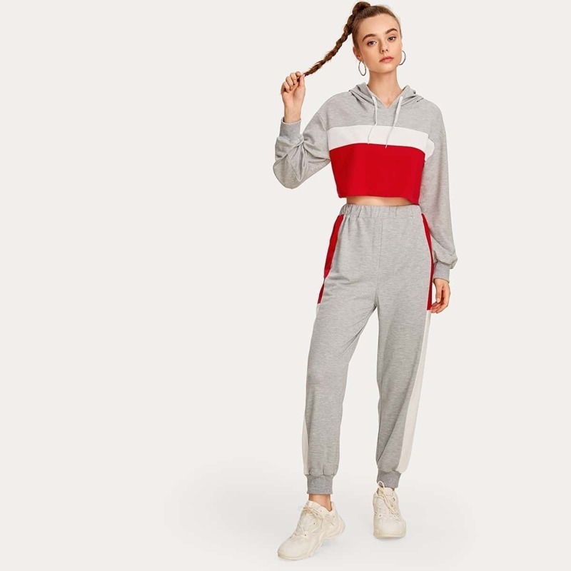 

Cut And Sew Drawstring Crop Hoodie With Joggers, Grey