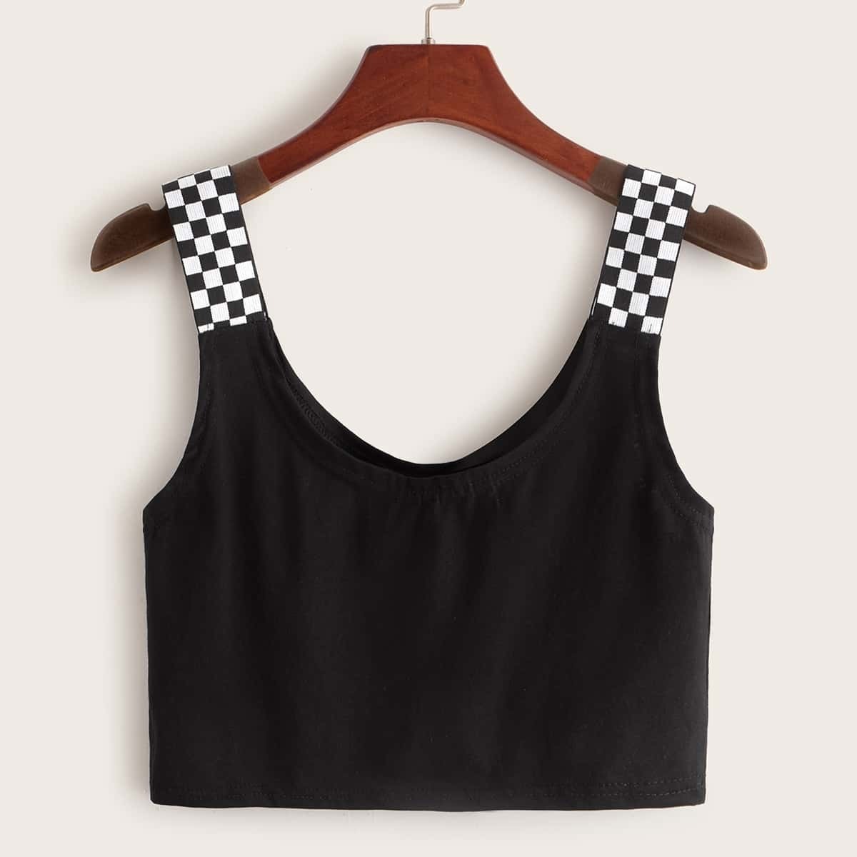 

Checker Print Crop Tank Top, Black