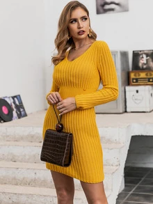 Glamaker Double Button Detail Bodycon Jumper Dress - Mustard Yellow - View 5