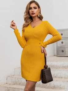 Glamaker Double Button Detail Bodycon Jumper Dress - Mustard Yellow - View 4