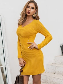 Glamaker Double Button Detail Bodycon Jumper Dress - Mustard Yellow - View 6