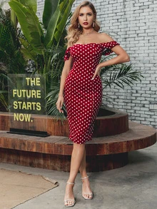Glamaker vestido ajustado de hombros descubiertos de lunares - Burdeos - Ver 3