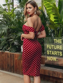 Glamaker vestido ajustado de hombros descubiertos de lunares - Burdeos - Ver 2